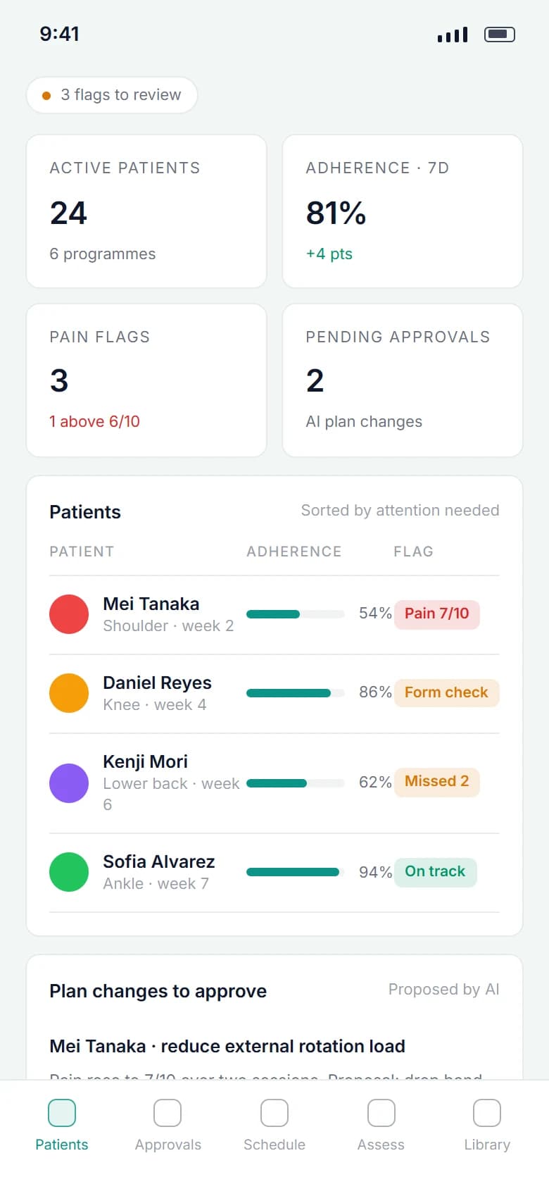 AI Physiotherapy Assistant: Clinician view on a phone