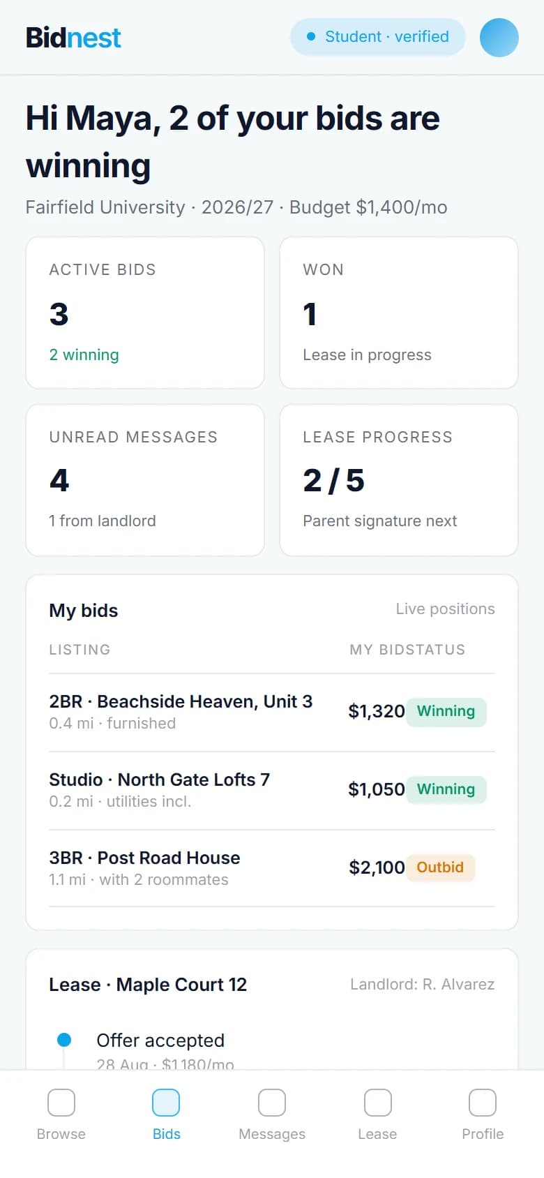 Bidnest Mobile App: Student dashboard on a phone