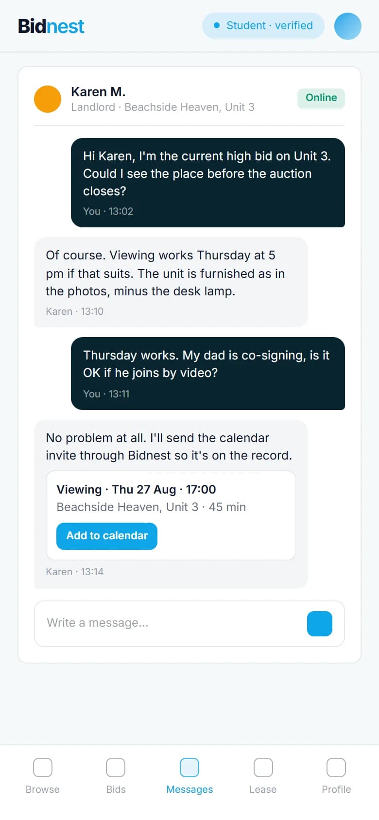 Bidnest Mobile App: Messaging on a phone