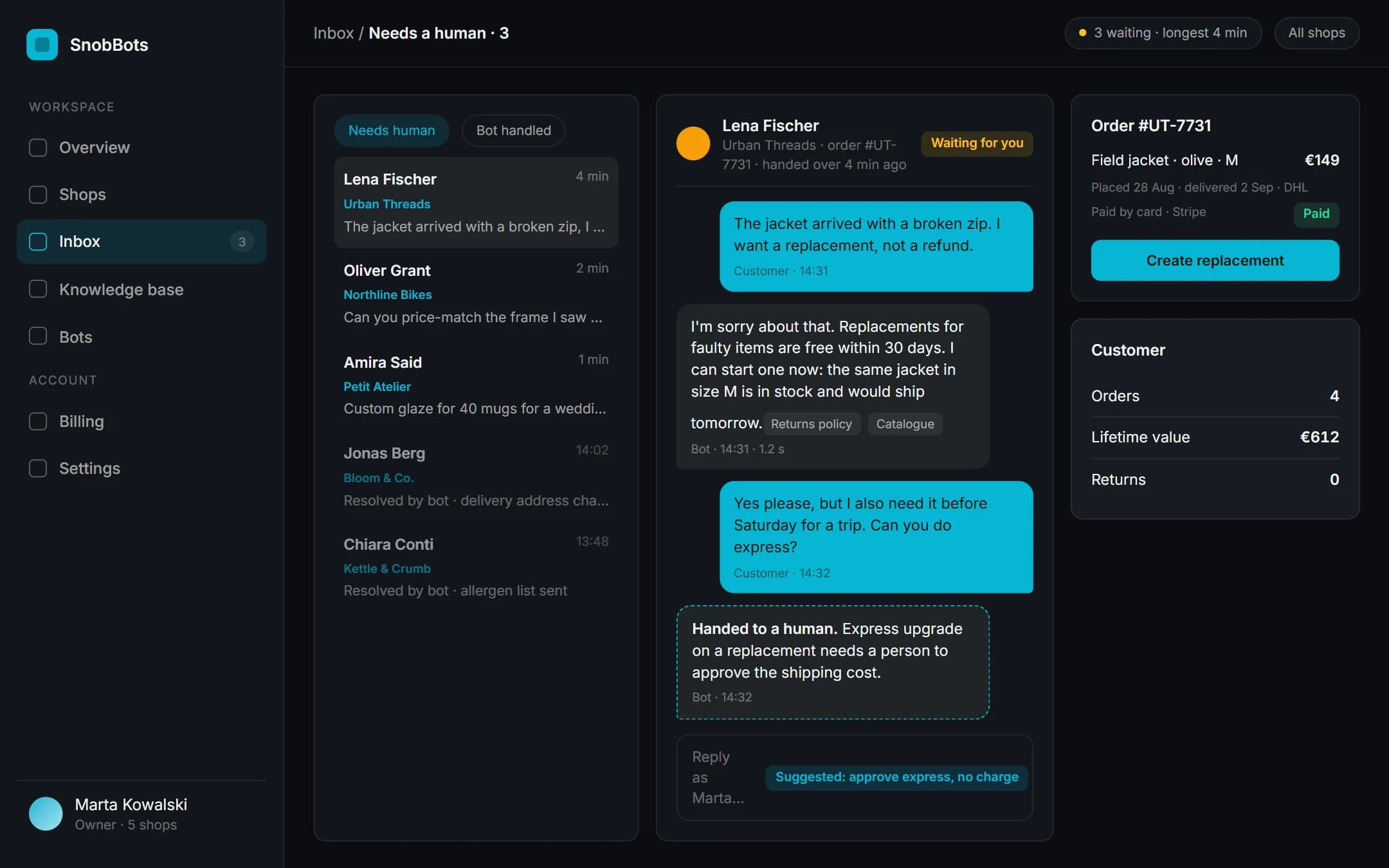 SnobBots: Handover inbox on a laptop