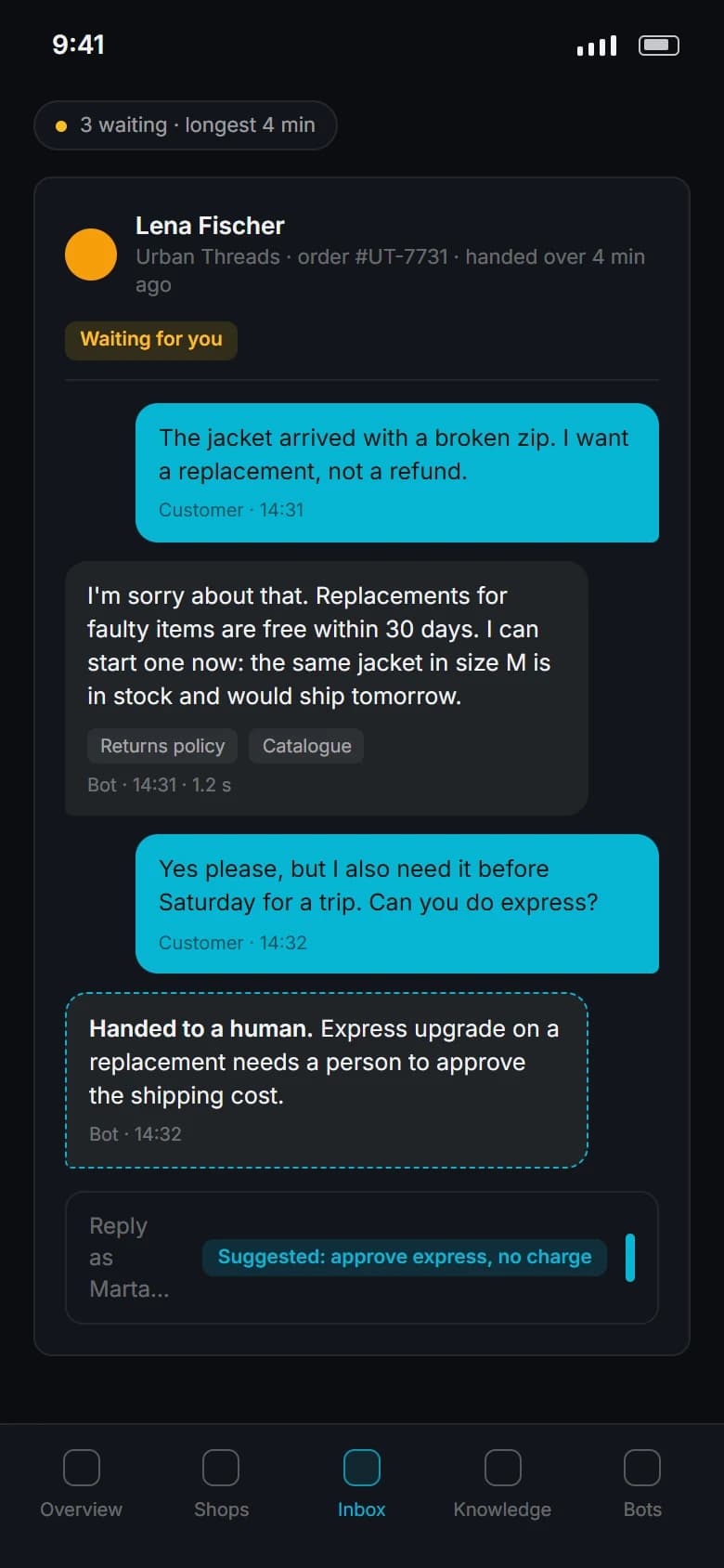 SnobBots: Handover inbox on a phone