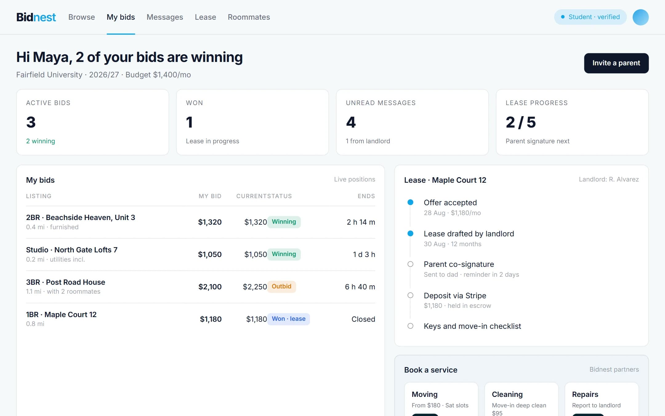 Bidnest: Student dashboard on a laptop