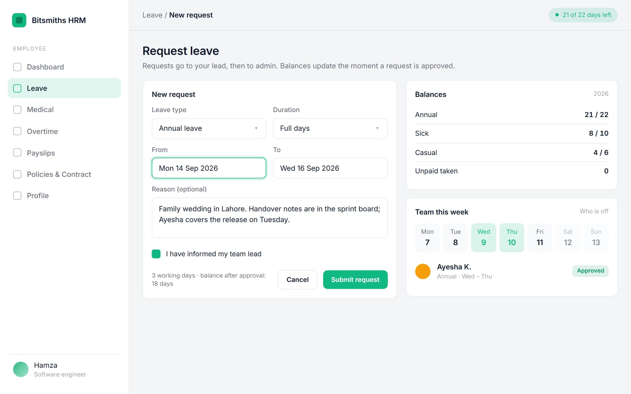 Bitsmiths HRM: Leave requests on a laptop