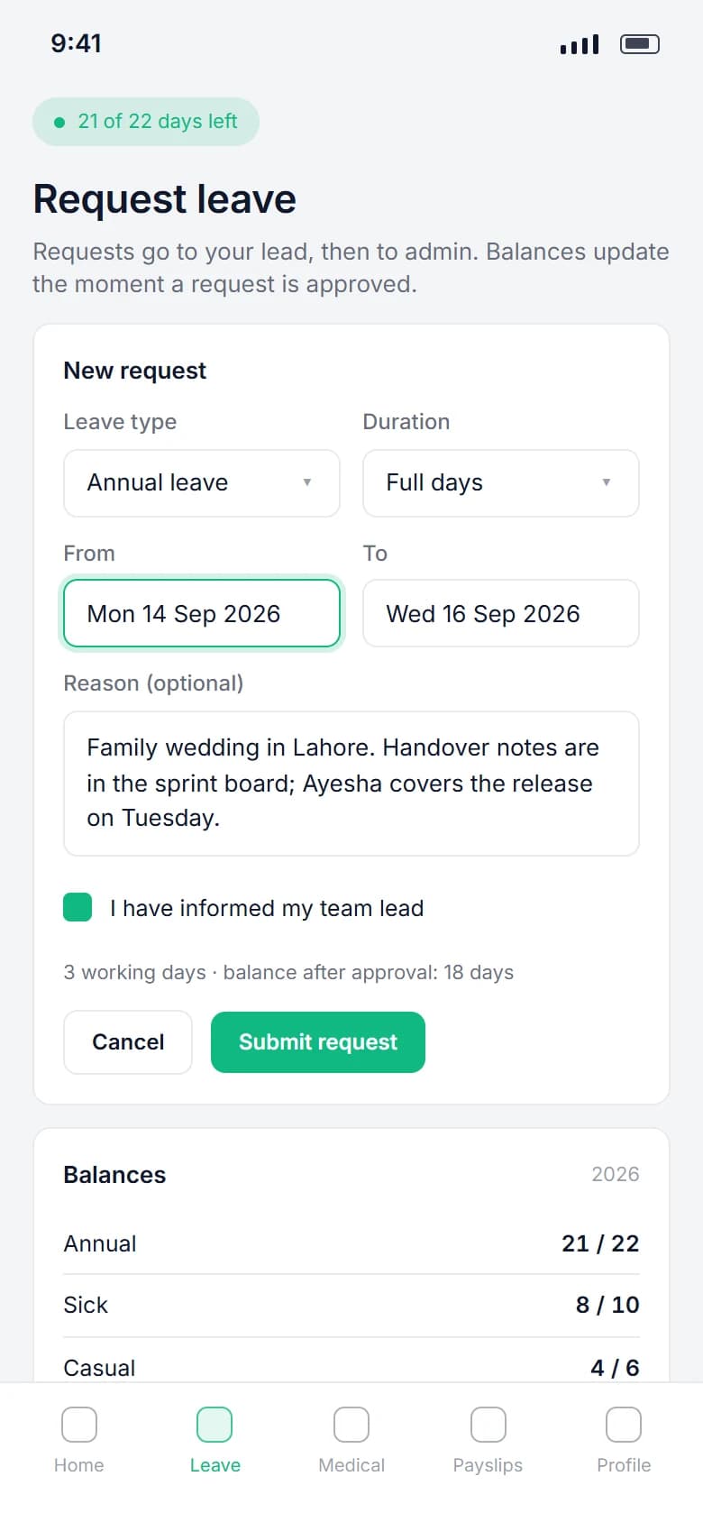 Bitsmiths HRM: Leave requests on a phone