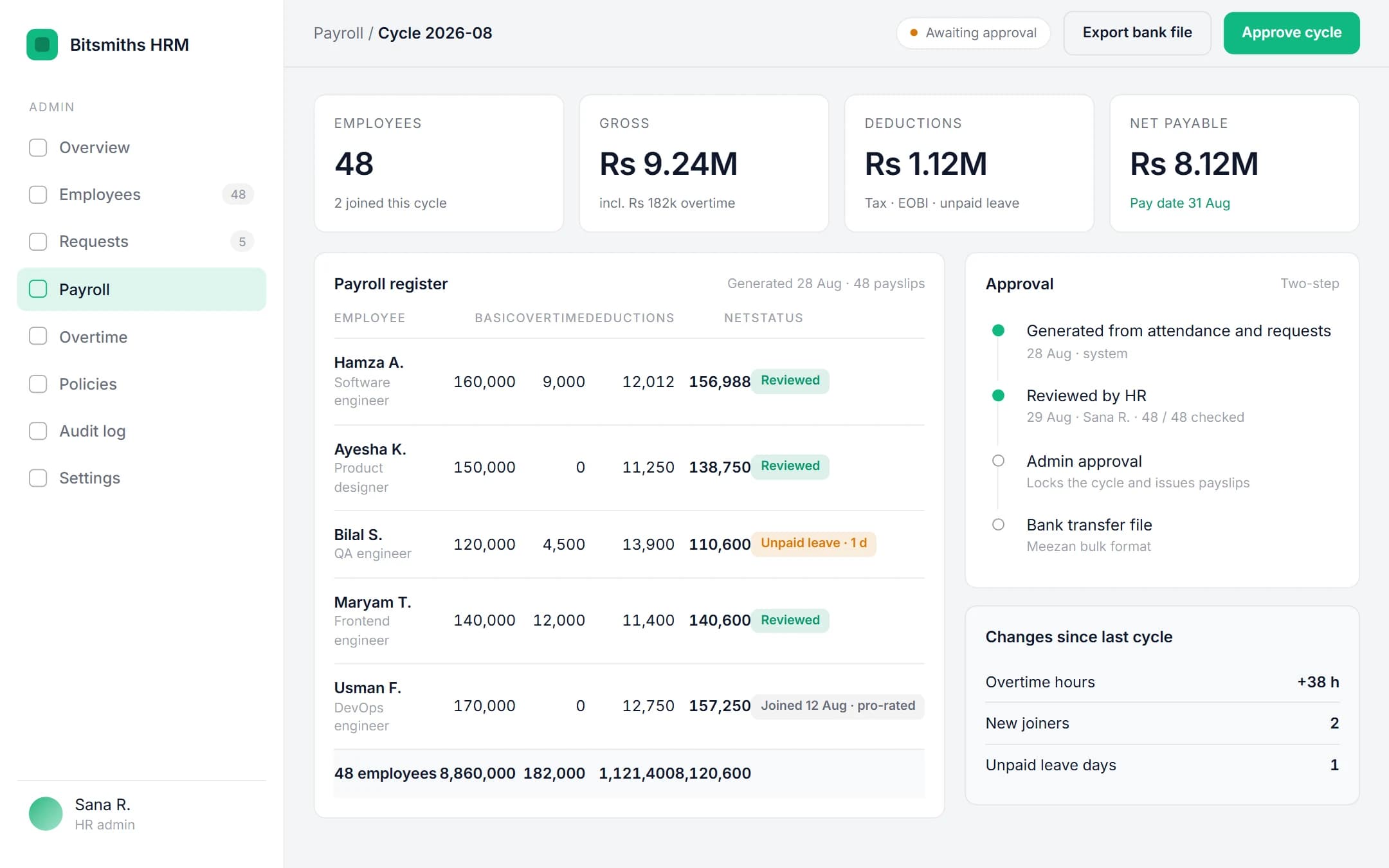 Bitsmiths HRM: Payroll cycle on a laptop